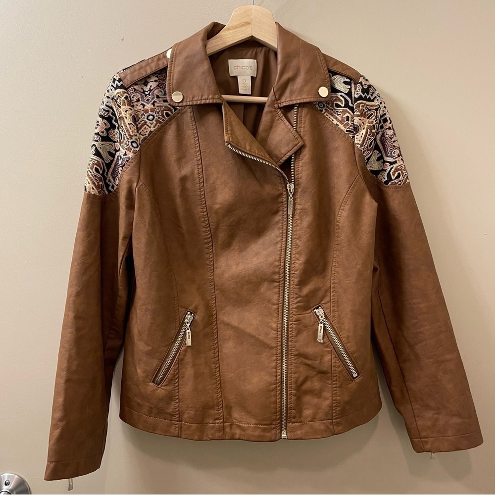 Chico’s Faux-Leather Jacquard Moto Jacket bohemian western rodeo size small - Picture 3 of 13